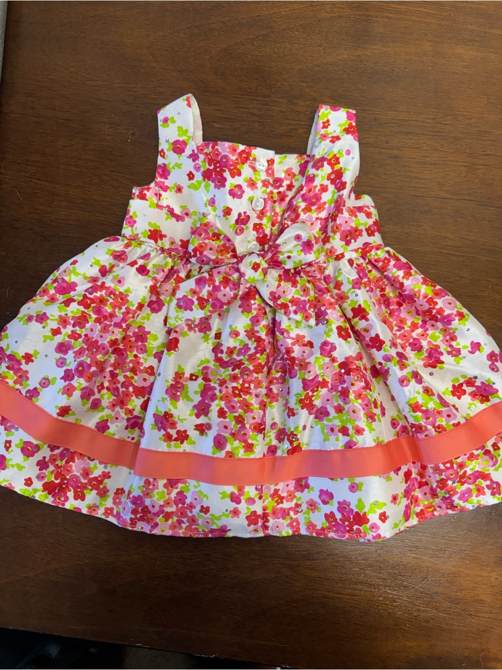 Youngland White Floral Coral Pink Green Ribbon Flower Dress - Picture 2 of 7
